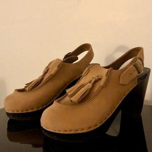 No. 6 Clogs Crowley Tassel Slingback Heels Camel Nubuck